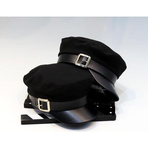 Spring summer Women Black Military Hats Snapback Autumn Winter Fashion Wool Pu Leather Patchwork Newsboy Caps With Belt Female
