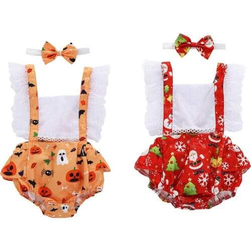 FOCUSNORM Halloween Xmas Baby Girls Boys Rompers Cartoon Print Lace Ruffles Short Sleeve Jumpsuits Headband