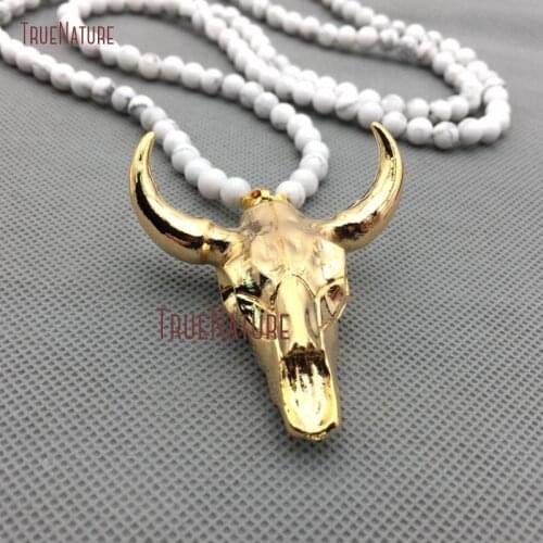 Wholesale Full Gold Finish Resin Baffalo Tusk Pendant Necklace White Howlite Beads Long Bohemian Jewelry Friendship Gifts NM4318