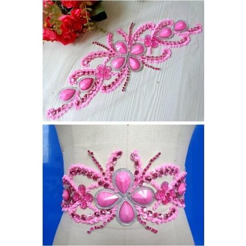 Pure hand made dazzling deep pink sew on Rhinestones applique crystals trim patches 38*12cm dress accessory for belt