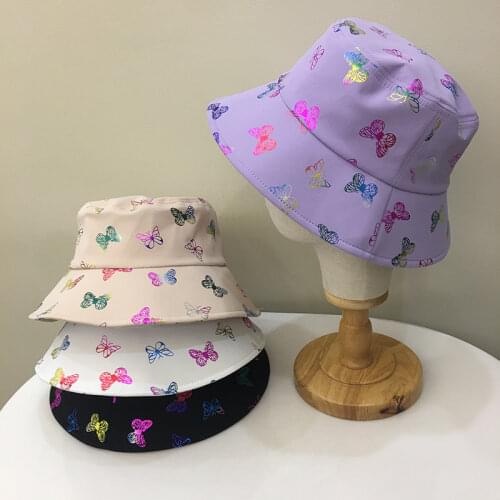 Korean Women Winter Warm Bucket Hat Shiny Butterfly Embroidered Wide Brim Sunscreen Adjustable Panama Fisherman Cap