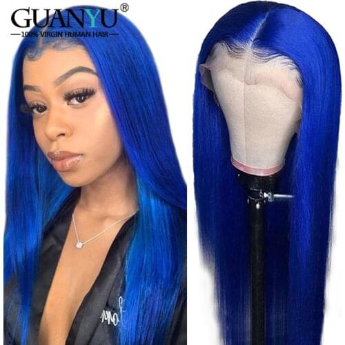 Royal Blue Human Hair Wig Pre-Plucked 613 Blonde Grey Pink Green Red Remy Lace Part Wig For Women Colored Straight Ombre Wig
