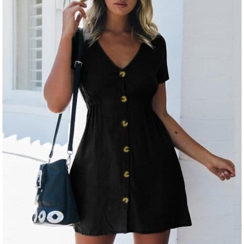 Womens Dress 2021 Spring/Summer Pure Color Single Row Buttons V-Neck Women Slim High Waist Casual Dress Vestido