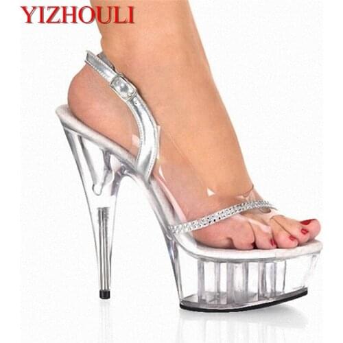 6 Inch High Heels Sexy Crystal Noble Diamond Chain Open Toe Sandals Full Transparent 15cm High-Heeled Shoe