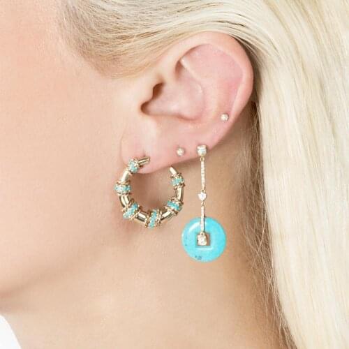 Gold color blue turquoises stone geometric round circle big horn crescent moon stud earring