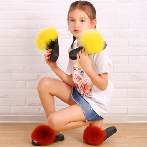 Children Real Fox Fur Slippers Girls Furry Sandals Boys Fur Slides Child Fluffy Home Slippers Girls House Floor Flip Flops 25-35