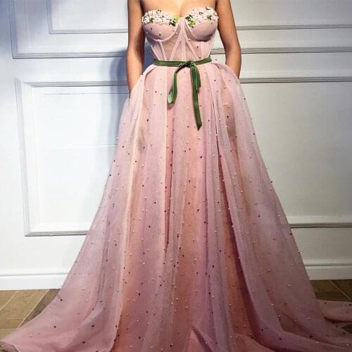 A-line Sweetheart Pink Long Prom Dresses 2021 Women Formal Party Night Vestidos With 3D Flower Pearls Tulle Evening Gowns
