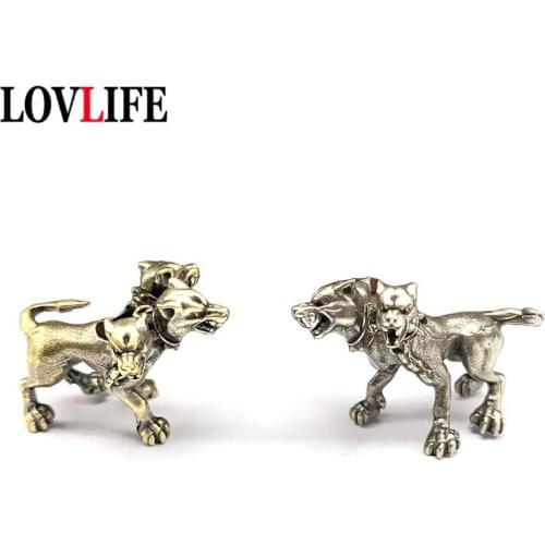 Vintage Brass Mexican Three-headed Wolf Figurines Knife Bead Pendant Trinkets Copper Animal Creative Umbrella Rope DIY Accessory