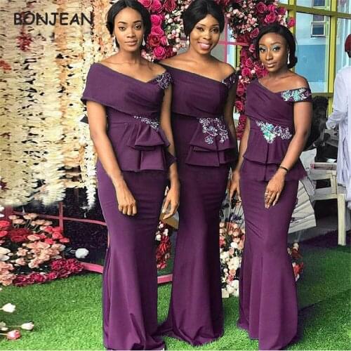 South African Off The Shoulder Bridesmaid Dresses Elastic Satin Black Girls Mermaid Bridesmaid Dress Wedding Party Dress