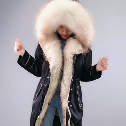 Women Parka real rex rabbit fur liner plus fabric lining coat detachable raccoon fur collar three wearing mothed fur overcoat