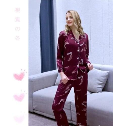 Ladys Pajamas Long-sleeved Ice Silk Satin Homewear New Style Printing 2 Pcs Suit Set All Seasons Leisure Youth Nightgown J074