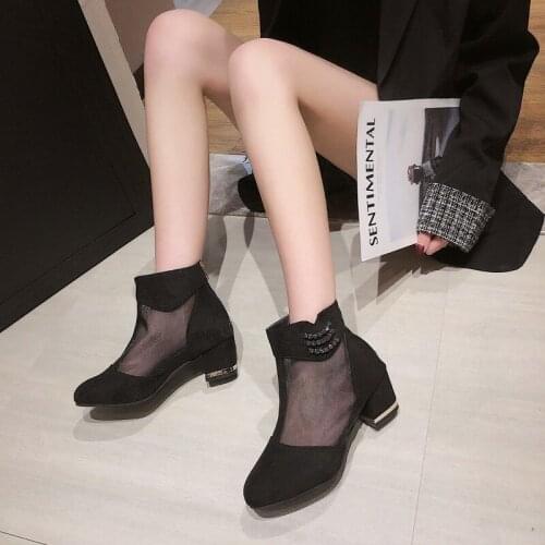 2020 new Women Ankle Boots Generous Zip High Square Heels Shoes Pointed Toe Wire Mesh Breathable Fashion Short lady Botas U22-04