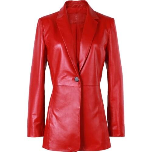 YOLOAgain Women Genuine Leather Blazer Ladies Slim Style Red Leather Jacket