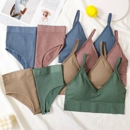 Women Bra And Panty Set Sport Bra High Waist Briefs Set Female Sexy Lingerie Fitness Top Underwear Ribbed Seamless Bra Crop Top