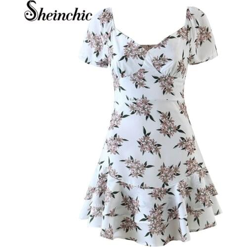 Elegant Ruffles Pink Floral Printed Chiffon Dresses for Women Summer 2021 Casual Vestido De Mujer