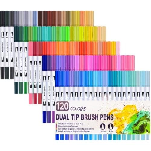 120 Colors Dual Brush Pen Art Markers Include 2mm Brush Tip 0.4mm Fine Tip for Drawing Sketching Painting Creating Watercolour