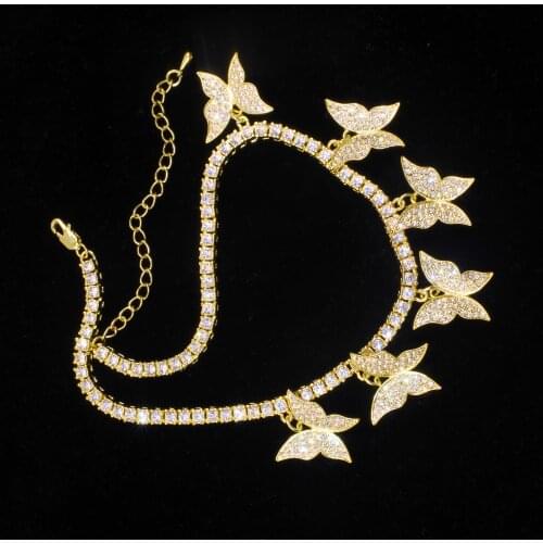 Fashion Bling Crystal Tennis Chain Choker Necklace for Women Gold Six Butterfly Charm Pendant 25MM Necklace Party Jewelry