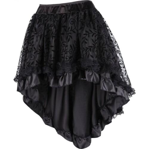 Black Womens Victorian Asymmetrical Ruffled Satin Lace Trim Gothic Skirts Vintage Corset Steampunk Skirt Cosplay Costumes