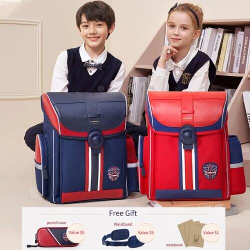 Navy Red Magnetic Buckle Students School Bags 2-5 Grade Boys Girls Children Orthopedic Backpack For 7-11 Years Old Kids Mochila