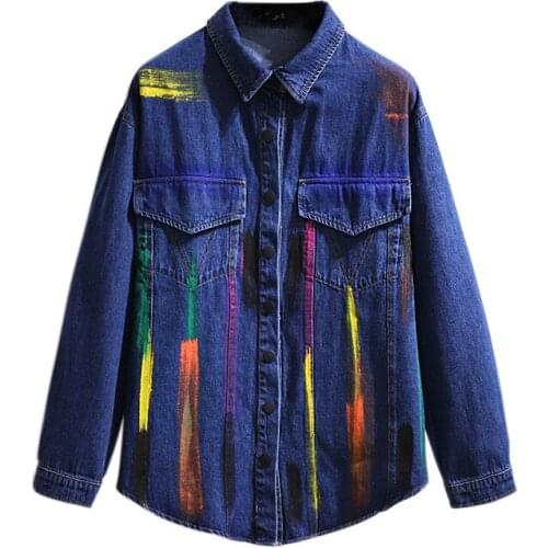 2021 New Oversized Women Denim Jacket Spring Autumn Loose Top Casual Colorful Stripes Print Jean Coat Plus Size XXL-6XL KW503
