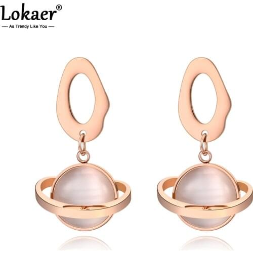 Lokaer Trendy Titanium Stainless Steel Love Planet Earrings For Women Girls Rose Gold Pink Opal Stud Earrings Jewelry E19205