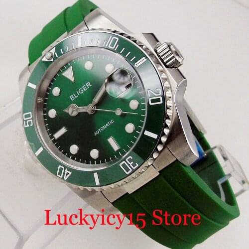 BLIGER Solid End Strap Japan NH35A Movement 40mm Selfwinding Men Watch Sunburst Green Screwdown Crown Non-seeing Back