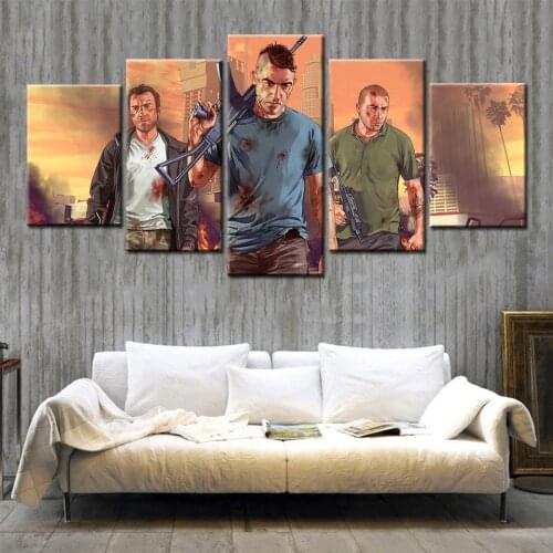Custom Printing Canvas Wall Art Grand Theft Auto V Game Poster GTA 5 Wallpaper Bar Sticker Mural Bedroom Decoration
