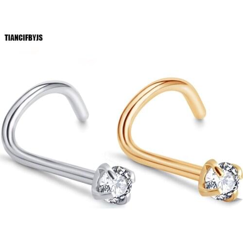 TIANCIFBYJS 20g Nose Ring Prong Set CZ Stud Screw Gold Silver Clear Black Blue Red Zircon Nody Jewelry Nose Piercing