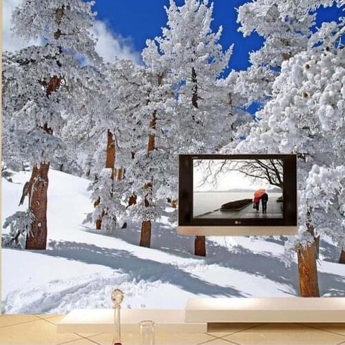 Custom Size 3D Photo Mural Wall Paper HD Winter Snow Tree Birch Wallpaper for Living Room Bedroom Ceiling Mural Wallpapers Roll