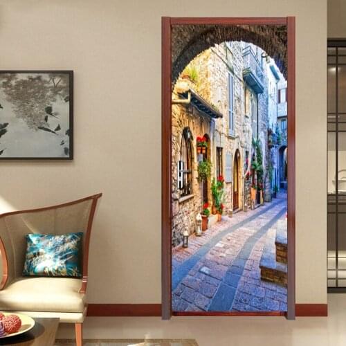 Italian Town Street View Door Mural Wallpaper For Living Room Bedroom Door Sticker Decoration Self-Adhesive Waterproof Tapety