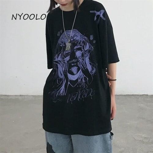 NYOOLO Harajuku Dark Kawaii Girl Letters Print Short Sleeve Oversized Goth T-Shirt Women Clothes Summer Hip Hop Streetwear Tops