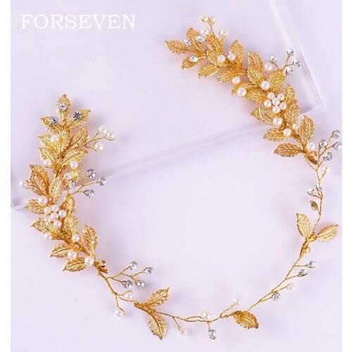 Golden Leaf Headband Bridal Head Ornaments Pearl Rhinestone Wedding Hair Accessories Hairband Brides Tiaras Hair Jewelry