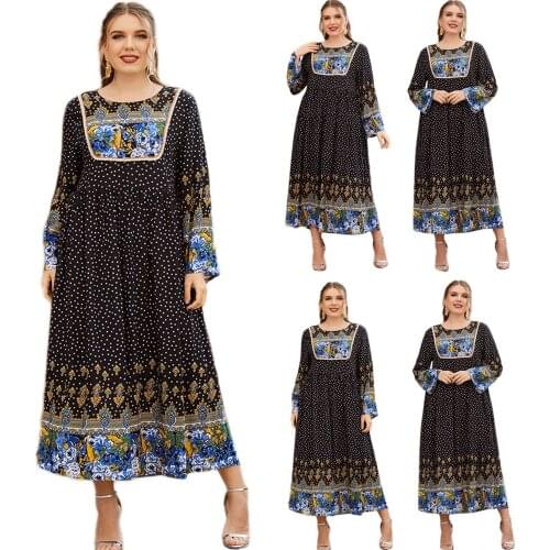 Muslim Print Vintage Long Dress Women Abaya Turkish Middle East Dubai Maxi Robe Gown Plus Size Arabic Spring Summer Ethnic Dress