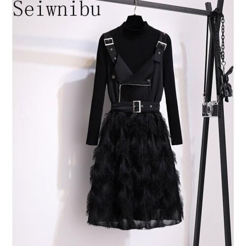 Seiwnibu 2020 Autumn Winter Two piece set Casual Knitting Basic Top + Sling Dress Patchwork Tassel Hem High Street 2 Piece Set