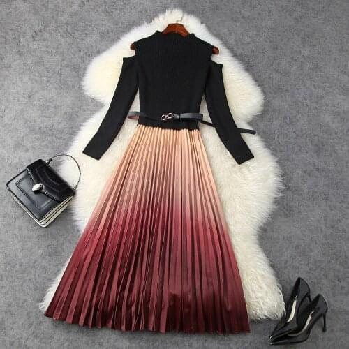 Womens European and American wear 2021 winter new style Long sleeve off-the-shoulder Patchwork gradient pleated fashion dress