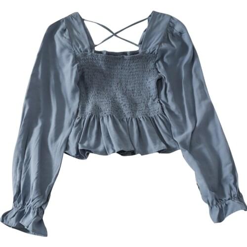 Korean of the new square collar pleated slim ruffled puff sleeve high waist shirt women