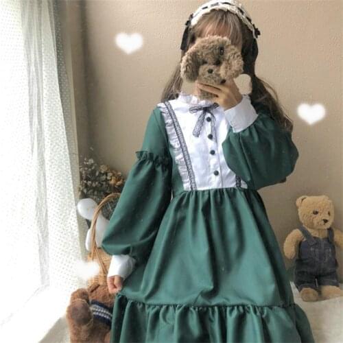 Womens Dresses Vintage Ladies Kawaii Ulzzang Color Block Long Sleeve Cute Dress Female Cute Vintage Harajuku Clothing For Women