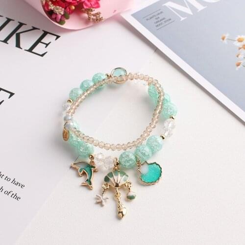 Korean style fresh retro elastic rope burst beads rose bead bracelet flower dolphin shell cute pendant girl bracelet for women