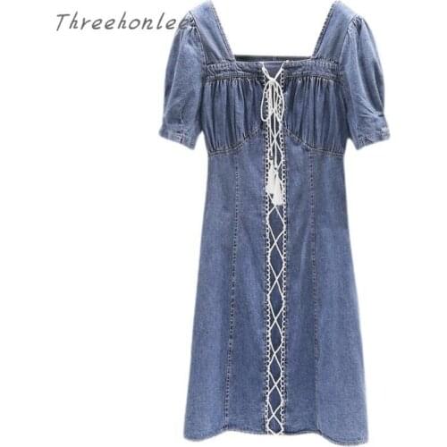 Retro Square Collar Womens Denim Dress 2021 Summer Fashion New Tethered Casual Elegant High Waist Bubble Sleeve Dress