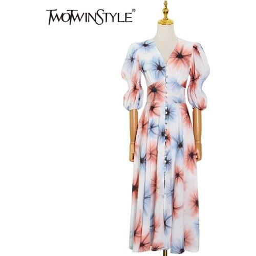 TWOTWINSTYLE Elegant Print Dress For Women V Neck Puff Short Sleeve High Waist Single Breasted Tunic Maxi Dresses Female Stylish