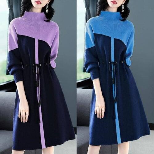 Winter Fall Fashion Womens Turtleneck Patchwork Sash Knitted Sweater Dress , 2019 Loose Female Woman 3xl Loose Knitting Dresses
