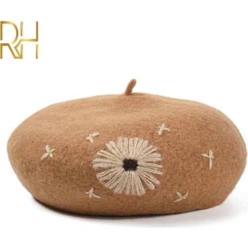 Handmade Painter Winter Thick Hats For Women 100% Wool Berets Luxury Flower Embroidery Female Painter Warm Cap