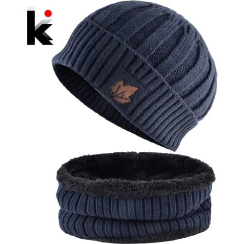 Winter Hat Set Men Fashion Skullies Beanies With Maple leaf Pattern Knitted Solid Hat and Scarf Women Warm Set Add Velvet Bonnet
