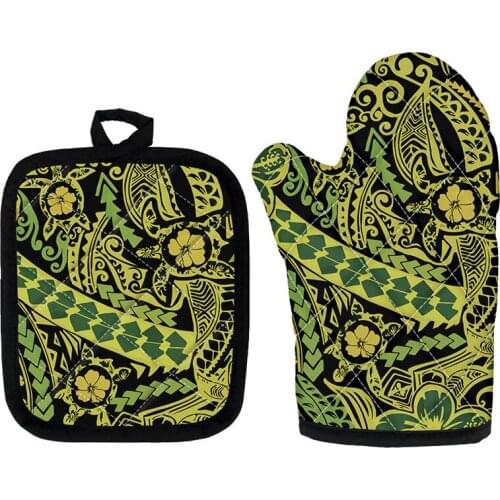 2pcs/Sets BBQ Oven Gloves and Heat Insulation Mat Hot Sale Polynesian Tribal Pattern Baking Mittens Home Kitchen Accessories
