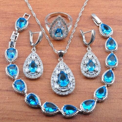 2020 New Sky Blue Zirconia Silver Color Dubai Jewelry Set For Women Earrings Necklace Pendant Rings Bracelet JS0337