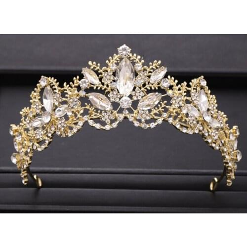 AiliBride Tiara Wedding Hair Accessories Fashion Crystal Baroque Bridal Crown Gold Diadem for Bridal Wedding Hair Jewelry HG174