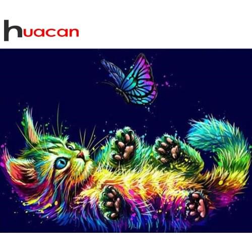 Huacan Diamond Mosaic Cross Stitch Cat Butterfly Diamond Painting Embroidery Art Animals Needlework Home Decor