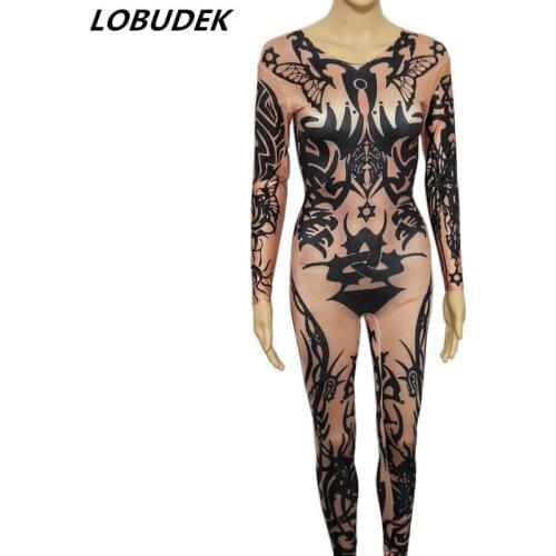 Female Cosplay Show Tattoo Pattern Nude Leotard Jumpsuit Sexy Bar Club Party Dance Performance Costume Elastic Stretch Leggings