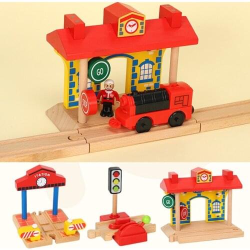 Wooden Train Track Wooden Railway Accessories Small Gas Station Train Cross Road Fit For Biro Wood Tracks Toys For Children