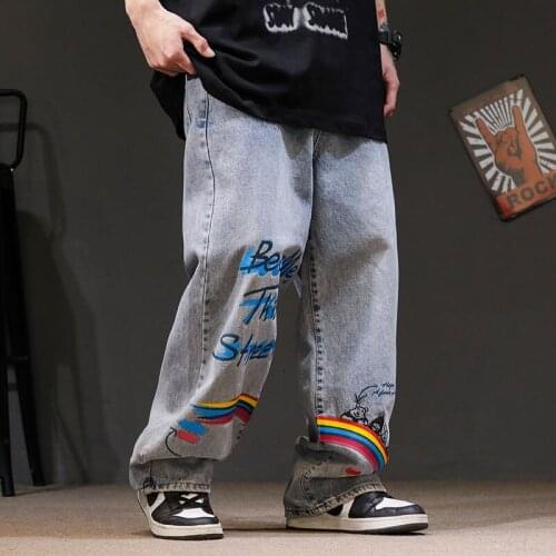 Rainbow Jeans Men Hip Hop Blue Pants Fashion Retro Baggy Jeans Harajuku Summer High Street Casual Hip Hop Pant Streetwear Males